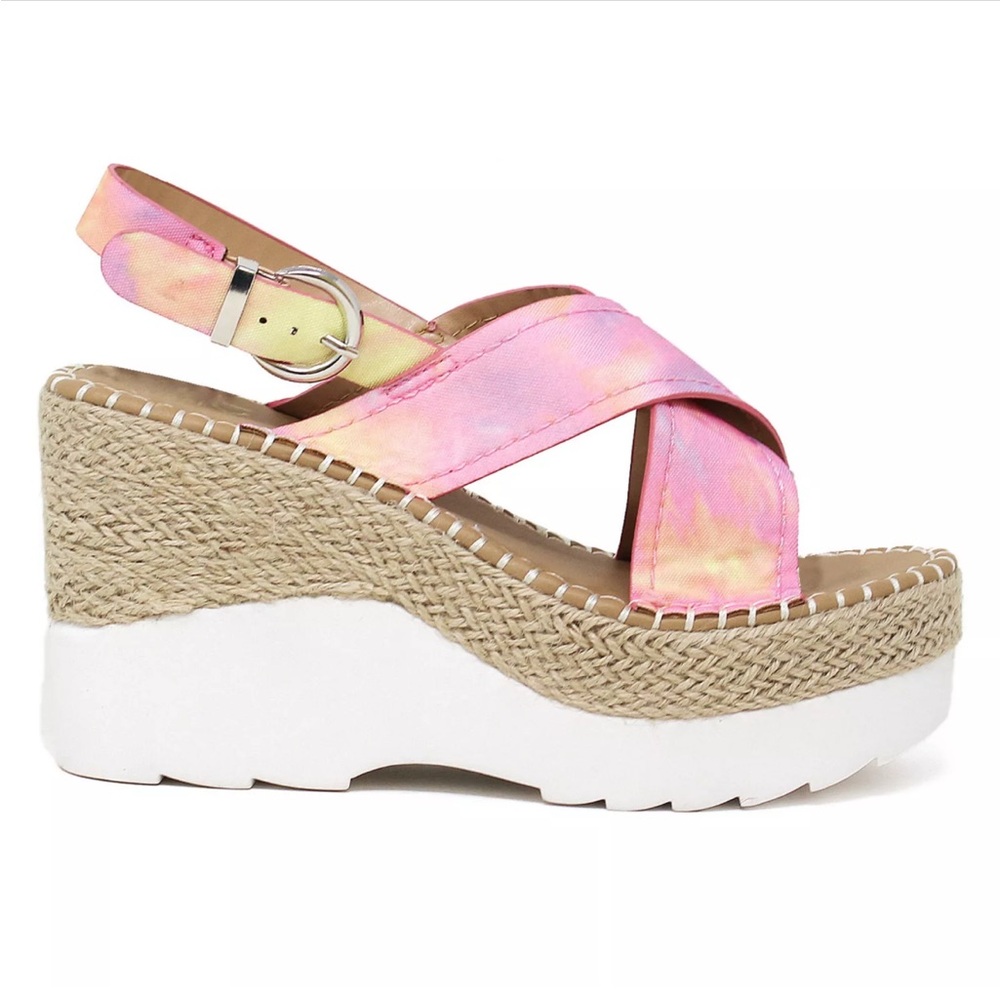 Yoki Pink and‎ Yellow Platform Sandals with Crossover Straps